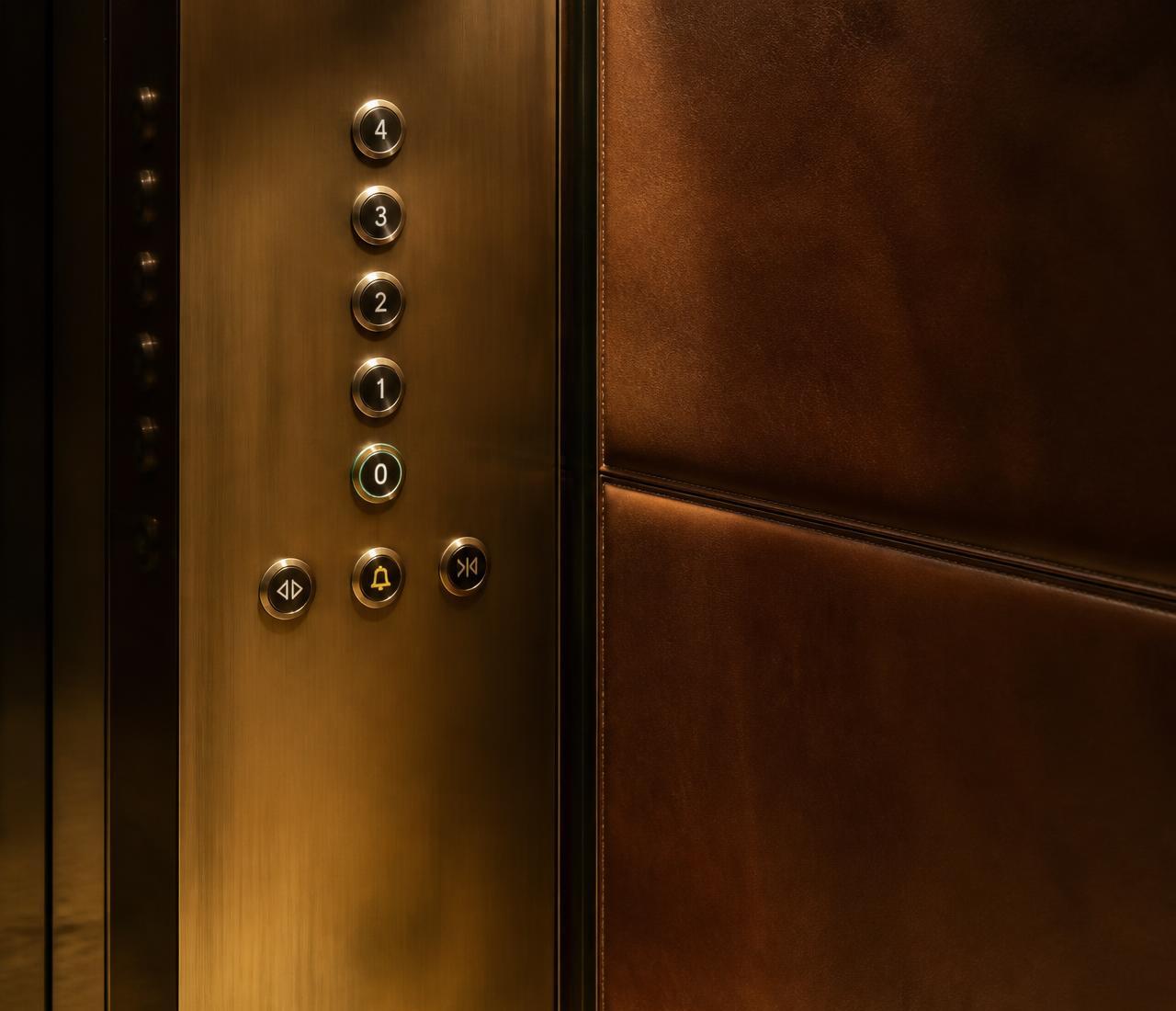 Detail of a Skyelevators cabin control panel and leather wall panel