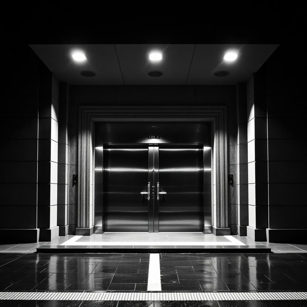 Outdoor elevator landing at night with overhead safety downlights and a floor-level guide light strip