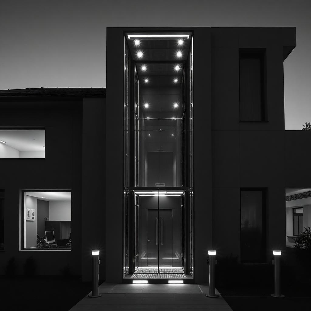 Exterior glass lift shaft at dusk with LED safety lighting along the shaft corners and landing thresholds