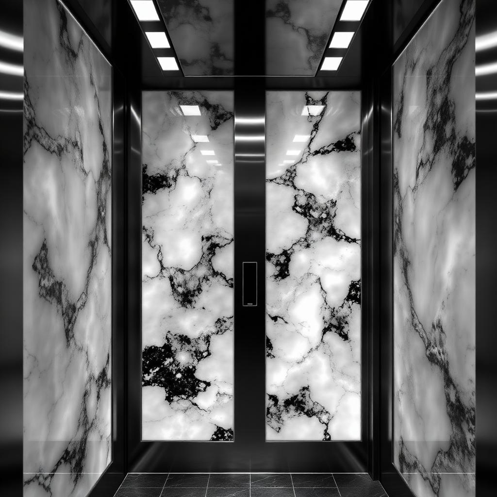 Elevator cabin walls of backlit translucent onyx stone panels with steel reveals