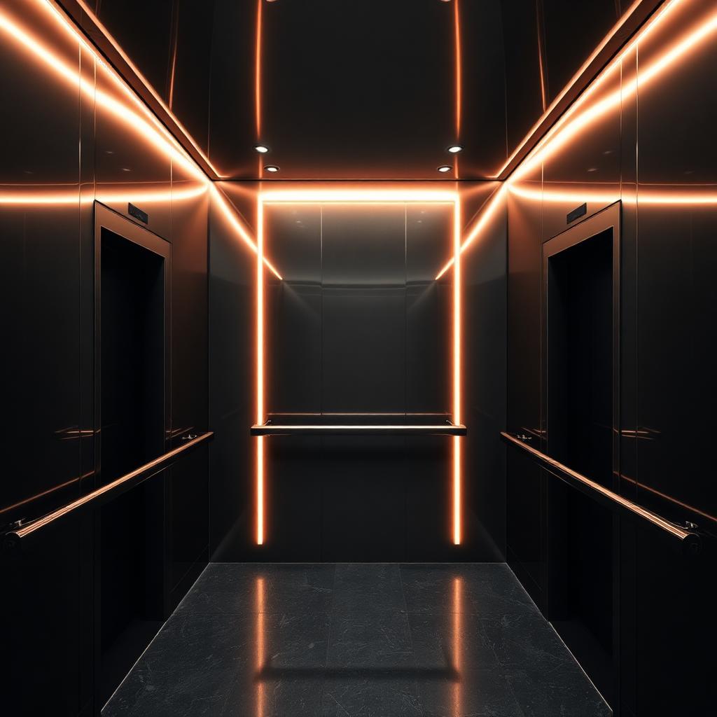 Elevator cabin with continuous warm LED cove lighting tracing the ceiling and door frames