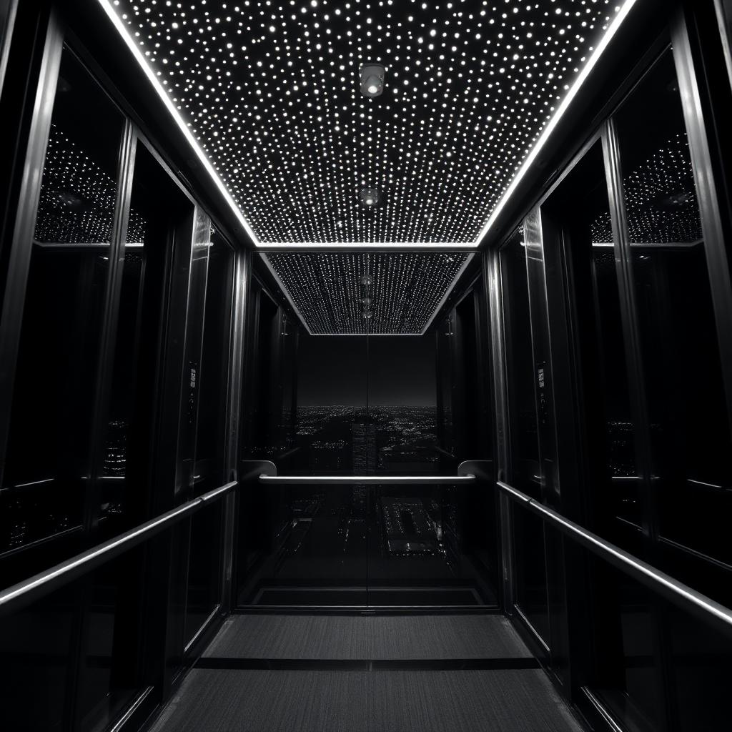 Panoramic elevator cabin at night with a starlight ceiling of LED points above a city skyline