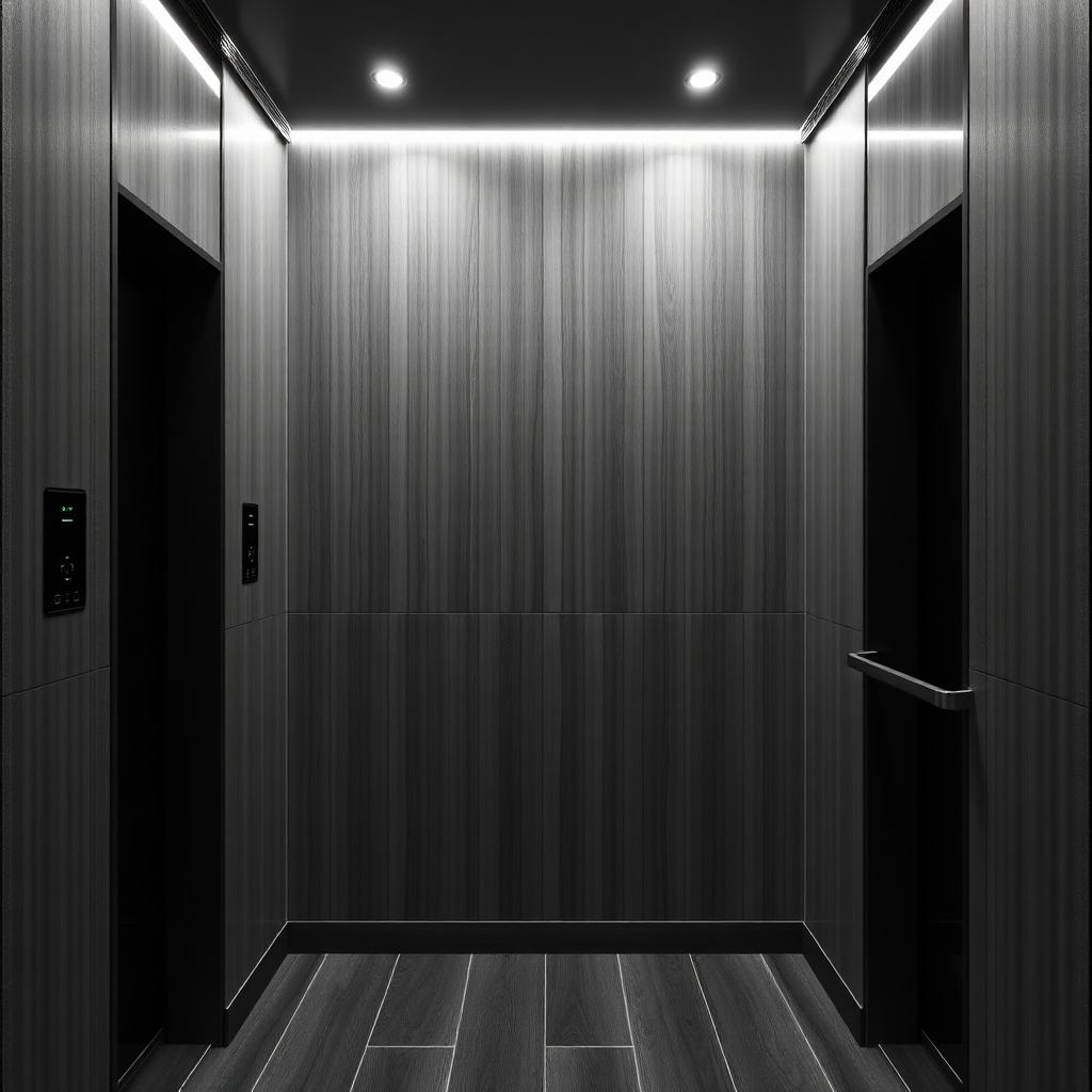 Elevator cabin with vertical timber slat wall panelling and integrated linear lighting