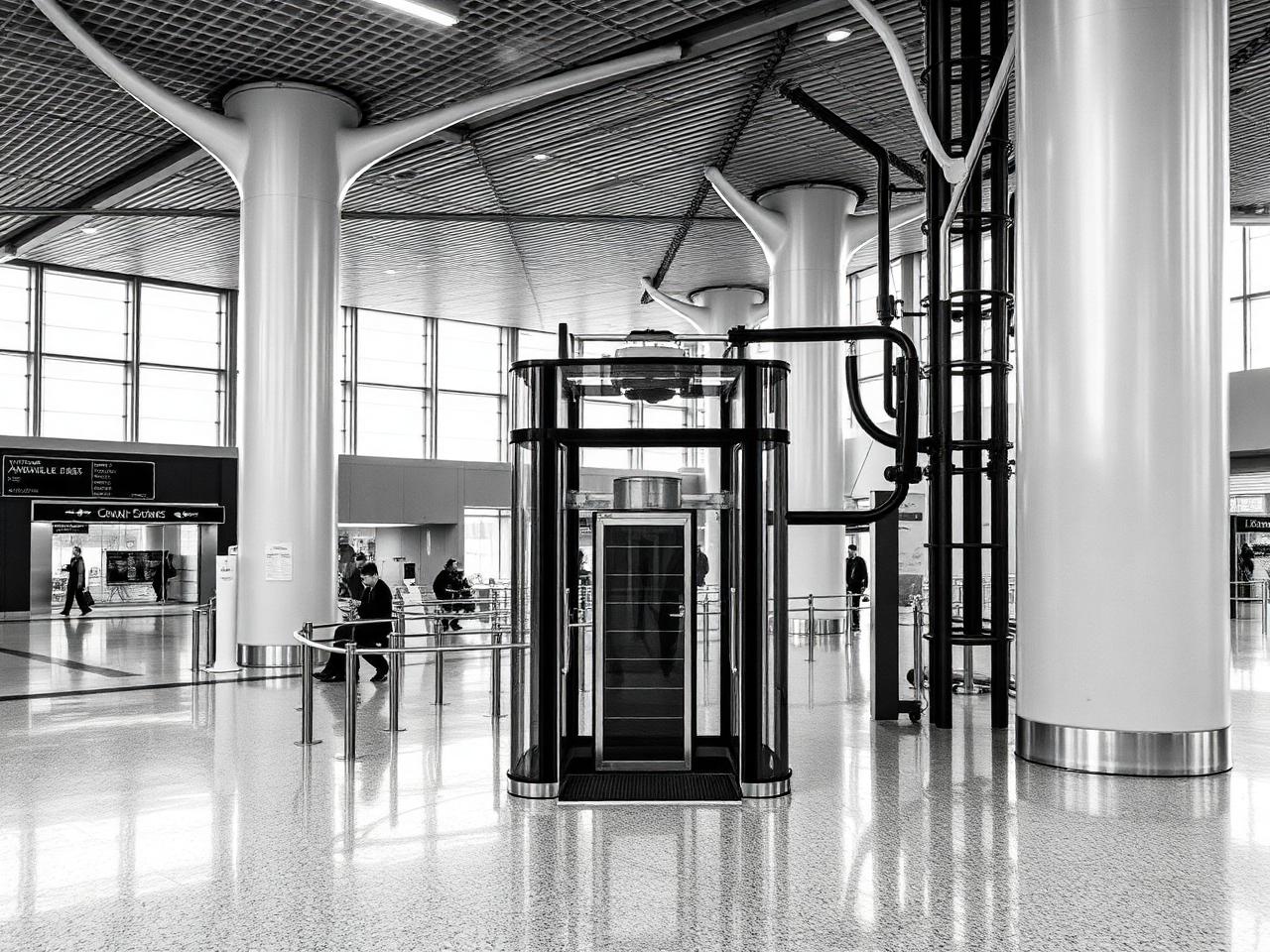 Airport terminal concourse with a glass observation lift