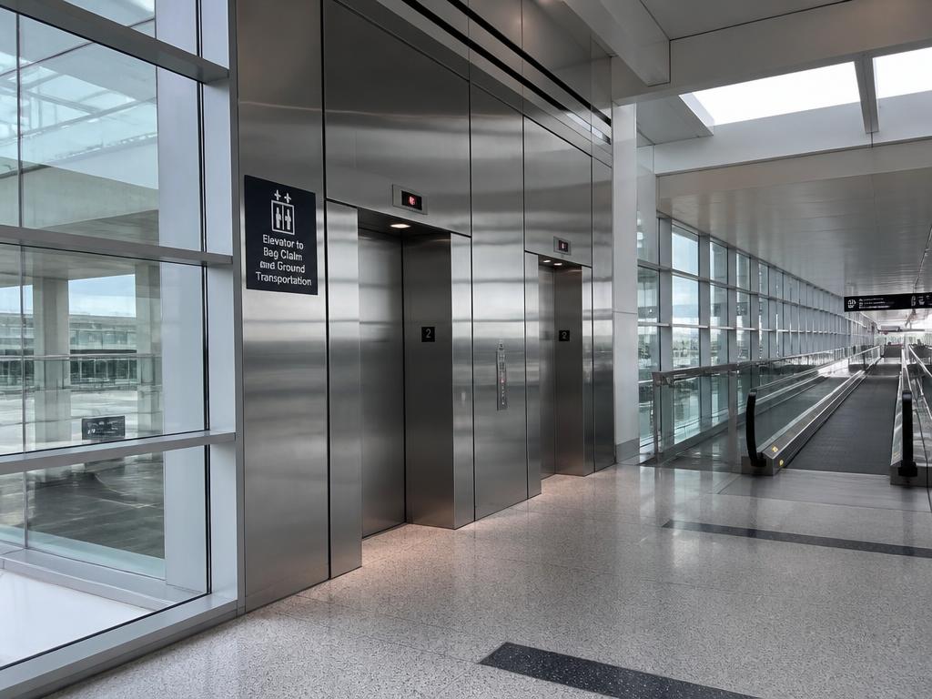 Stainless steel passenger elevators in an airport terminal concourse