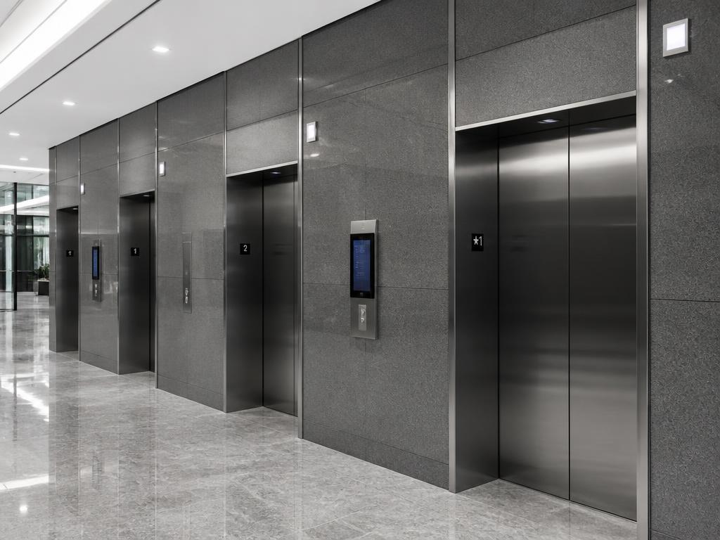 Bank of stainless steel elevator doors in a corporate office tower lobby