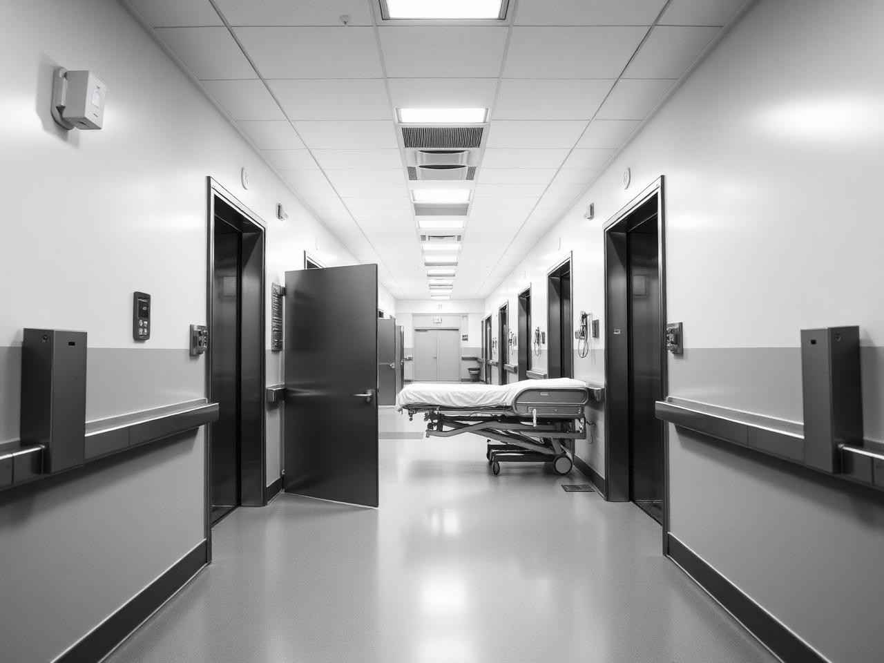 Hospital corridor with wide stainless steel bed lift doors