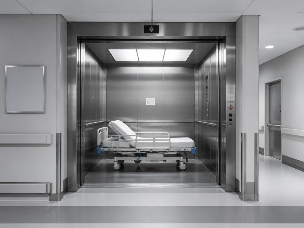 Wide stainless steel hospital bed lift with a patient bed inside