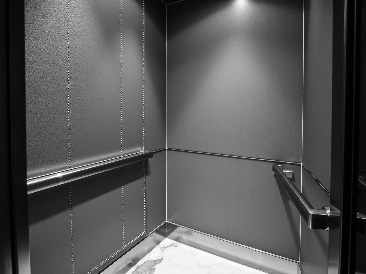 Stitched leather wall panel and steel handrail inside a luxury elevator cabin