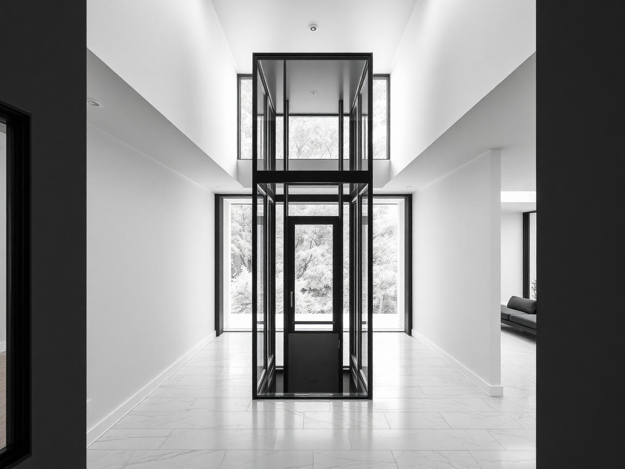 Glass and steel home lift seen from the upper landing of a villa