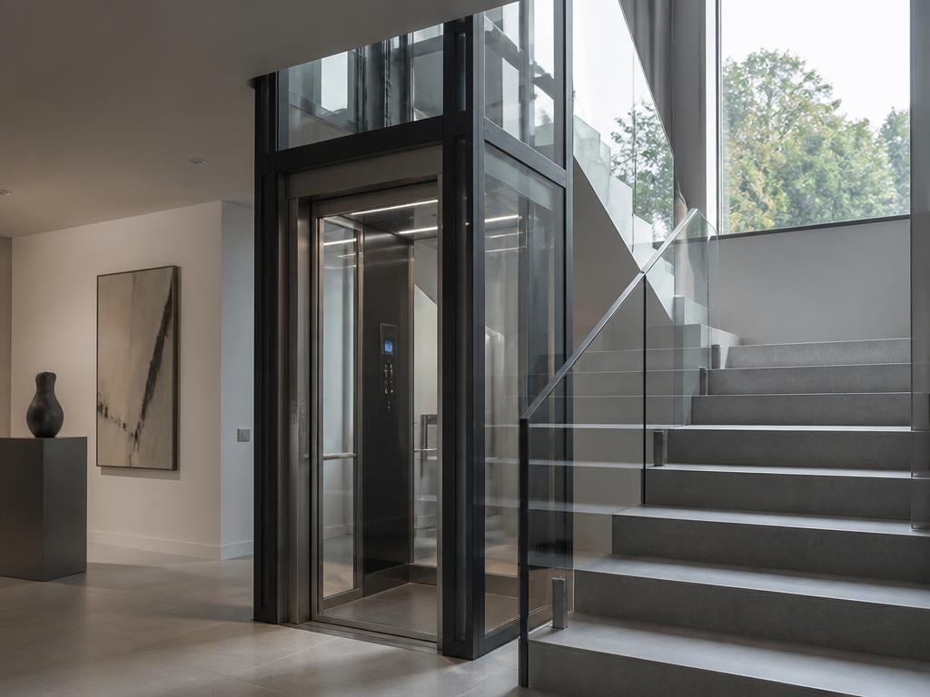 Glass home lift beside a staircase in a minimalist private villa