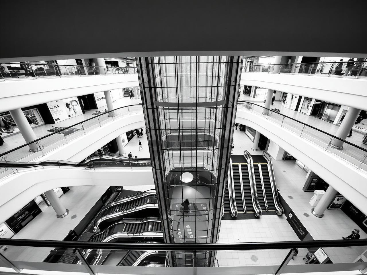 Shopping mall atrium with escalators and a panoramic lift seen from above