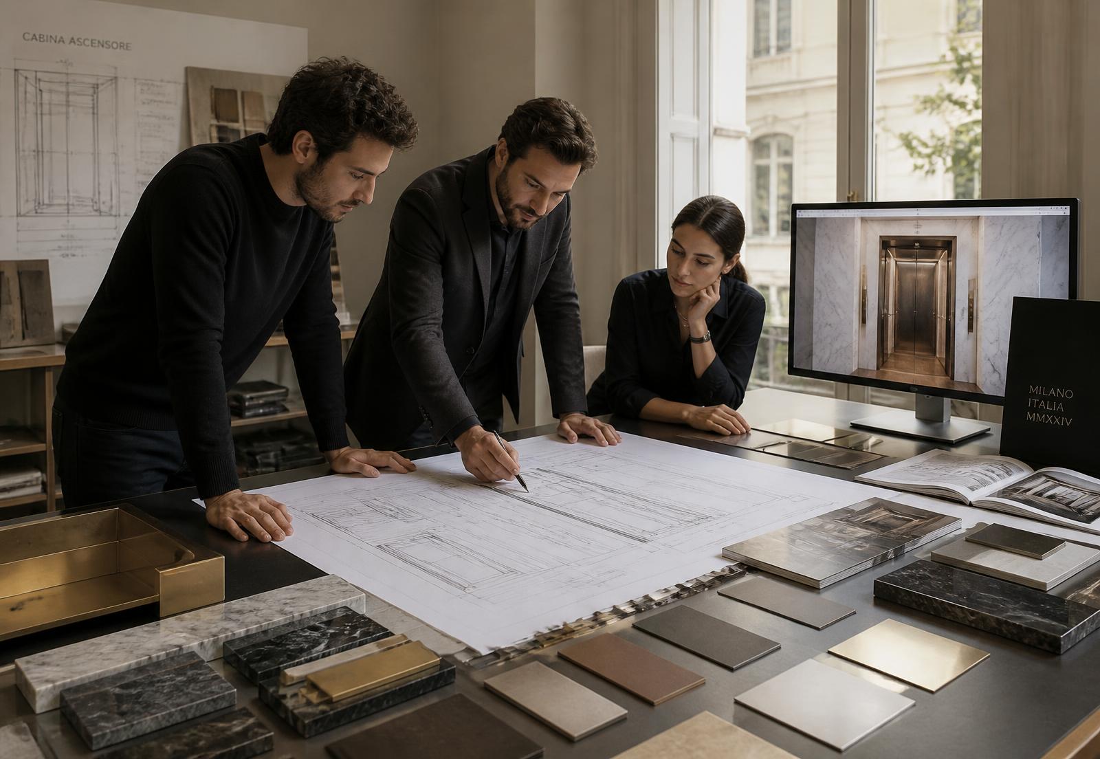 Skyelevators engineers reviewing cabin drawings and material samples in Milan
